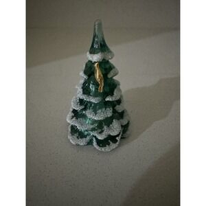 fenton green glass Christmas tree, flocked, 4 Inch w/gold Bird Excellent cond.